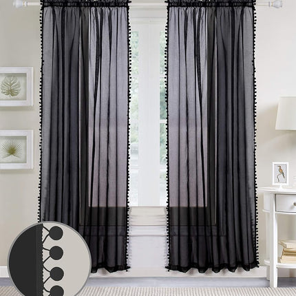 Elegant Comfort Luxurious Pom Pom Tassled Sheer Curtain/Panel with 2" Rod Pocket - Set of 2 Curtain Panels for Living Room, Bedroom
