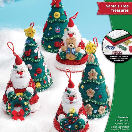 Bucilla Felt Applique 6 Piece Ornament Making Kit, Santa's Tree Treasures, Perfect for DIY Arts and Crafts, 89489E