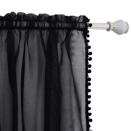 Elegant Comfort Luxurious Pom Pom Tassled Sheer Curtain/Panel with 2" Rod Pocket - Set of 2 Curtain Panels for Living Room, Bedroom