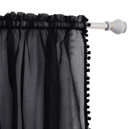 Elegant Comfort Luxurious Pom Pom Tassled Sheer Curtain/Panel with 2" Rod Pocket - Set of 2 Curtain Panels for Living Room, Bedroom