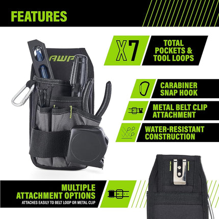 AWP Organizer Tool Pouch | 7 Pockets & Loops for Tool Organization | Heavy-Duty Metal Belt Clip Attachment (4 Pack)