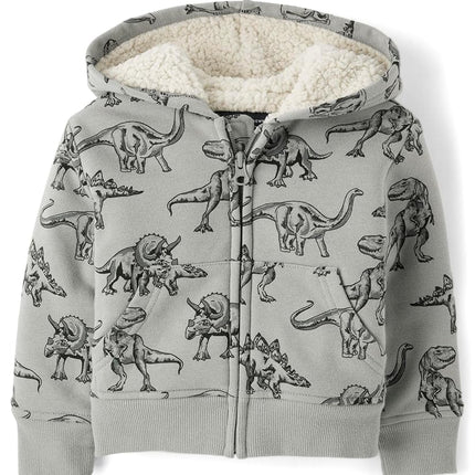 The Children's Place Baby Boys' and Toddler Long Sleeve, Sherpa Lined, Zip-Front Hoodie Sweatshirt, Grey Dino, 6-9 Months