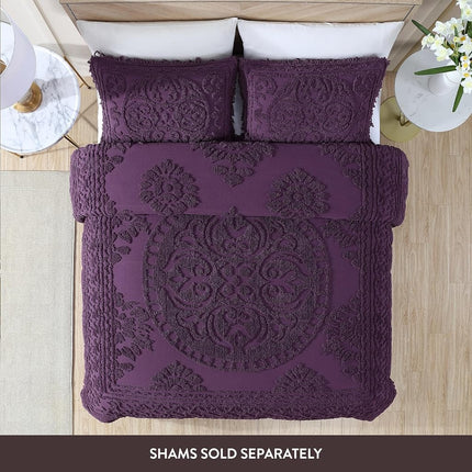 Beatrice Home Fashions Medallion Chenille Bedspread, Queen, Eggplant