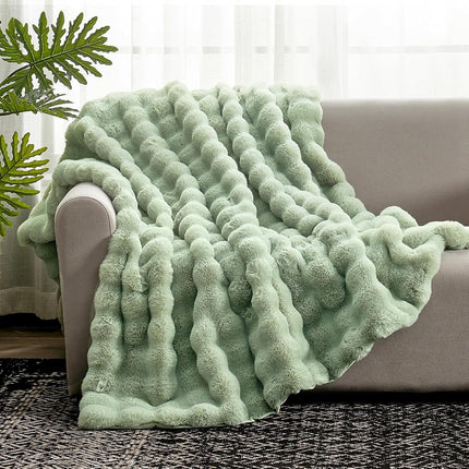 Cozy Bliss Faux Fur Throw Blanket for Couch, Bubble Plush Blanket Twin Size, Fuzzy Soft & Thick Blanket for Bed Sofa Living Room, 152.4 x 203.2cm Sage Green