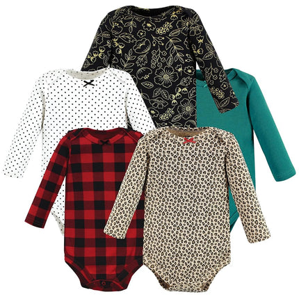 Hudson Baby unisex-baby Cotton Long-sleeve Bodysuits, Buffalo Plaid Leopard, 3-6 Months