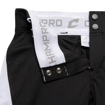 Pantalon de softball Champro Surge traditionnel taille basse pour fastpitch avec passepoil tressé de couleur contrastée - Petit, Noir, Blanc