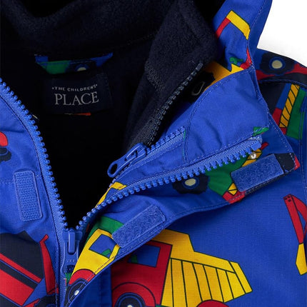 The Children's Place Garçons et tout-petits, Veste d'hiver épaisse 3 en 1, Coquille extérieure résistante au vent et à l'eau, Intérieur en molleton, Motifs de camions de construction bleus, 5T