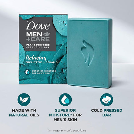 Dove Men + Care Natural Essential Oil Bar Soap to Clean and Hydrate Men's Skin Relaxing Eucalyptus + Cedar Oil 4-in-1 Bar Soap for Men's Body, Hair, Face and Shave 141 g 4 count
