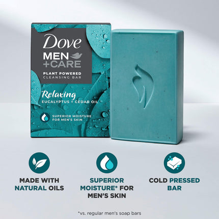 Dove Men + Care Jabón en barra de aceite esencial natural para limpiar e hidratar la piel del hombre, Eucalipto relajante + Aceite de cedro, Jabón en barra 4 en 1 para cuerpo, cabello, rostro y afeitado de hombre, 141 g, 4 unidades