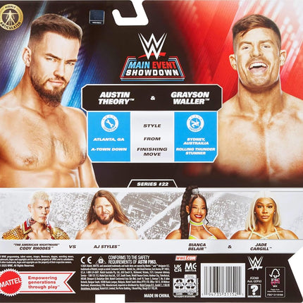 Mattel WWE Main Event Showdown Action Figures 2-Pack with Accessory, Series #22 Austin Theory & Grayson Waller Collectible Set, 6-inch