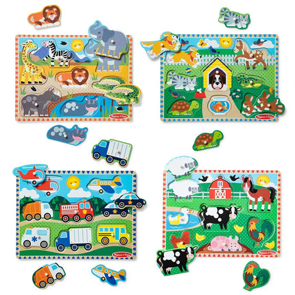Melissa & Doug 4 Set Wooden Knob and Pegged Puzzles, Classic Style, 31 Pieces, Ages 2-5