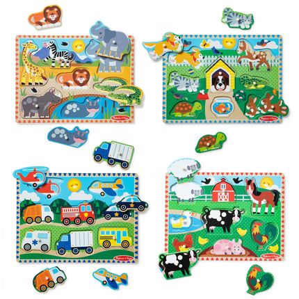 Melissa & Doug Puzles de Perillas y Clavijas de Madera, Estilo Clásico, 31 Piezas, 4 Juegos, Edades 2-5