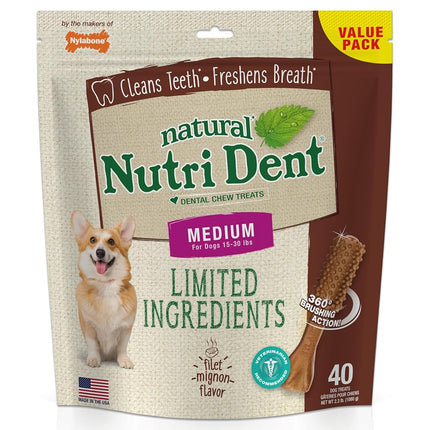 Nylabone Nutri Dent Dog Dental Treats - Natural Dog Teeth Cleaning & Breath Freshener - Dental Treats for Dogs - Filet Mignon Flavor, Medium (40 Count)