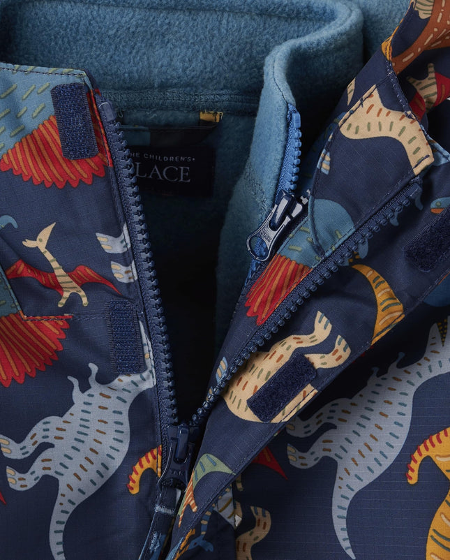 The Children's Place Blouson d'hiver épais 3 en 1 pour bébés garçons et tout-petits, Coque coupe-vent et résistante à l'eau, Intérieur polaire, Dino Marine, 12-18 mois