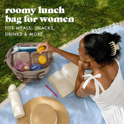 Bolsa de almuerzo de neopreno Fit & Fresh para mujer, bolsa de almuerzo aislada para mujer para el trabajo, lonchera grande resistente a desgarros y manchas para mujer con recipientes y hielo, bolsa de almuerzo Remi lavable a máquina, Taupe