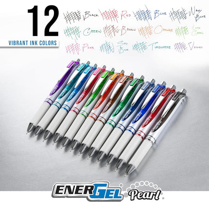 Pentel EnerGel RTX Pearl Liquid Gel Pen, (0.5mm) Needle Tip, Fine Line, Asstd. Ink, 14-Pk Plastic Box