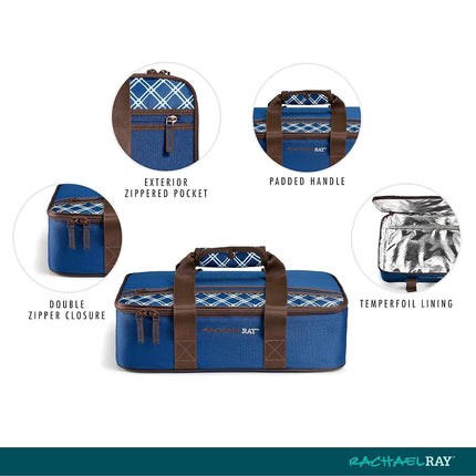 Rachael Ray Lasagna Lugger, Thermal Insulated Casserole Carrier for Hot or Cold Food, Lugger Tote for Pockluck, Parties, Picnic, and Cookouts, Fits 9" x 13" Baking Dish, Navy Plaid