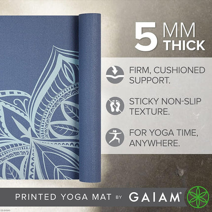 Gaiam Yoga Mat, Non Slip Exercise Mat for All Types of Yoga, Pilates and Floor Exercises, 5mm Thick 24"x68", High Tide Point