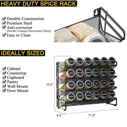 SpaceAid Spice Rack Organizer with 24 Spice Jars, 386 Spice Labels, Chalk Marker and Funnel Set for Cabinet, Countertop, Pantry, Cupboard or Door & Wall Mount -24 Jars, 11.8" W × 10.8" H, Black