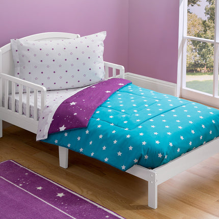 Toddler Bedding Set | Girls 4 Piece Collection | Fitted Sheet, Flat Top Sheet w/ Elastic bottom, Fitted Comforter w/ Elastic bottom, Pillowcase | Delta Children | Girls Starry Night | Purple Stars