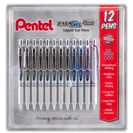 Bolígrafo de gel líquido retráctil Pentel EnerGel Pearl, tinta negra/azul/violeta de 0,7 mm, paquete de 12 (BL77W12C)