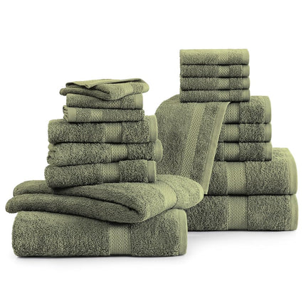 LANE LINEN Cotton Bath Towels for Bathroom - 18 PC 100% Cotton Towels - 4 Bathroom Towel Set, 6 Hand Towels for Bathroom, 8 Washcloths, Soft Turkish Towel Sets for Bathroom, Travel Towel - Oil Green