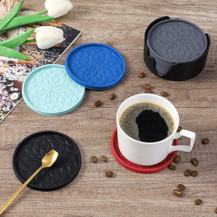 ME.Fan Silicone Coasters [6 Pack] Coasters with Holder - Drinking Coasters - Cup Mat for Drinks - Live for Hot or Cold Drink Thickened, Non-Slip, Non-Stick, Deep Tray Coffee