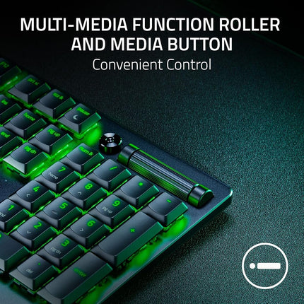 Teclado para juegos Razer DeathStalker V2: Switches ópticos de perfil bajo - Púrpura Clicky - Teclas recubiertas ultraduraderas - Placa superior de aluminio duradero - Rodillo multifunción y botón multimedia - Chroma RGB