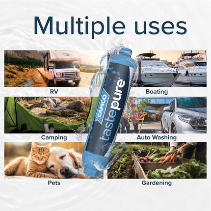 Camco TastePURE RV Inline Water Filter - Advanced with Flexible Hose Protector - GAC & KDF - Made in USA - Camping Essentials for Fresh Drinking Water (40043)