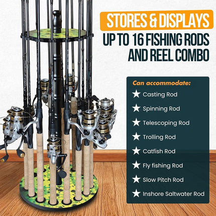 Rush Creek Creations | 16-Rod Round Fishing Rod Holder, Black Wooden Fishing Rod Rack with 16 Clips for Garage Organization
