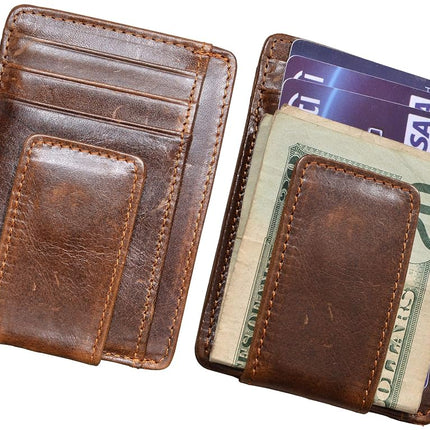 HOPSOOKEN Clip de Dinero RFID Billetera de Bolsillo Delantero de Cuero Delgada Minimalista para Hombre, Marrón con Ventana de Identificación (Cuero Crazy Horse), S