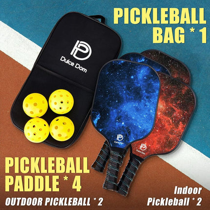 DULCE DOM Pickleball Paddles Set of 2/4, 4 Indoor Outdoor Pickleball Balls, Fiberglass Surface Paddle Racket with Cover Bag Training Equipment for Men Women (Starry Sky)