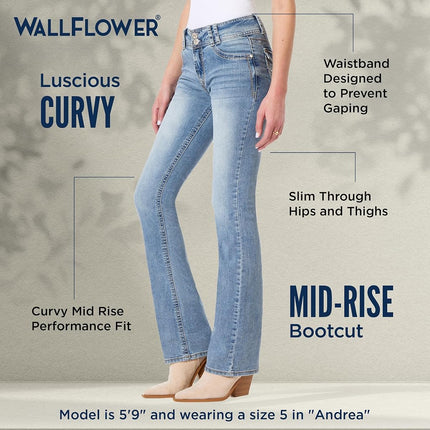 WallFlower Women's Luscious Curvy Bootcut Mid-Rise Insta Stretch Juniors Jeans (Standard and Plus), Andrea, 7 Shorts