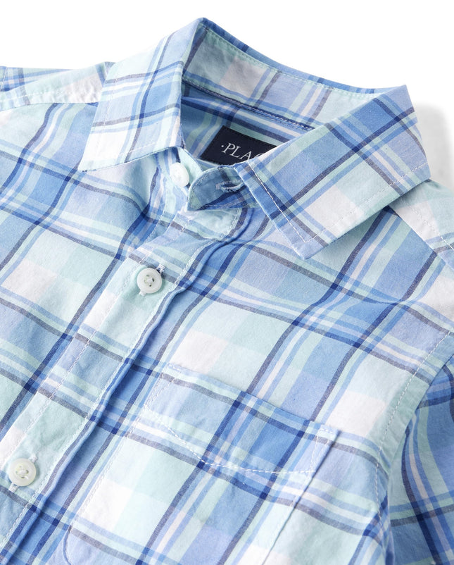 The Children's Place Boy's Long Sleeve Button Down Shirts, Aqua Plaid, Large