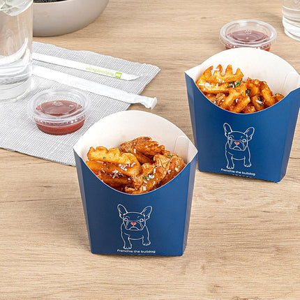 Bio Tek 4.5 x 3.2 x 3.9 Inch French Fry Cup, 100 Disposable Snack Cups - Stackable, Sustainable, Frenchie Paper 3 Ounce Fry Holder, for Fries, Onion Rings, Popcorn, or Cookies - Restaurantware