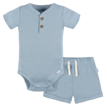 Gerber Unisex Baby Bodysuit and Shorts Set, Blue, 0-3 Months