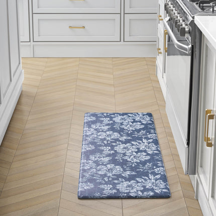 Laura Ashley - Anti-Fatigue Kitchen Mat, Iris Floral Design, Stain, Water & Fade Resistant, Cooking & Standing Relief, Non-Slip Backing, Measures 17.5" x 48", Navy Iris
