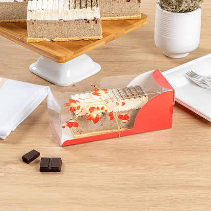 Restaurantware-7 Inch x 2.5 Inch Clear Dessert Boxes, 100 Red Paper Sleeve Transparent Candy Boxes - Bird Accent, No Grease Lining, Clear Plastic Clear Favor Boxes, Crack Resistant, Disposable