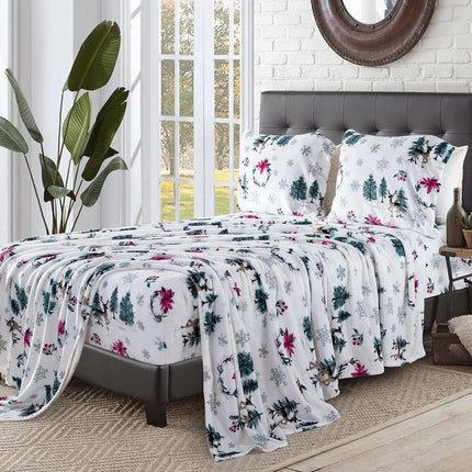 Elegant Comfort Luxuriously Soft 4-Piece Holiday Velvet Plush Flannel Sheet Set - Premium Quality - Cozy Warm, Christmas Fuzzy Velvet Flannel Fleece Deep Pocket Sheet Set - Twin XL, Christmas Wreath