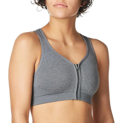 Jockey Women's Mid Impact Zip Front Sports Bra, Opaque, Grey, XL