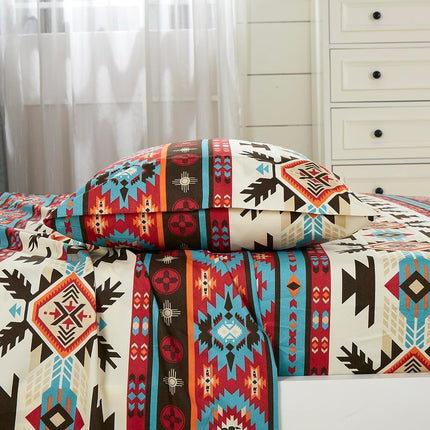 Chezmoi Collection 4-Piece Southwestern Geometric Motif Sheet Set California King Size - Multicolor Red Brown Blue Cream Printed Brushed Microfiber Lightweight Breathable Deep Pocket Bed Sheets