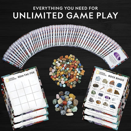 Juego de Bingo de Rocas de National Geographic - Juega al bingo de rocas, memoria de minerales, trivias de gemas y tus juegos de cartas favoritos, incluye más de 150 rocas y minerales, excelentes juguetes educativos STEM para niños
