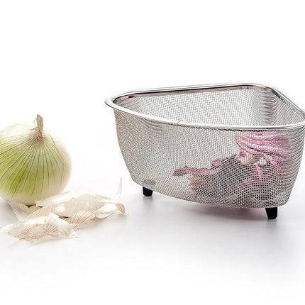 RSVP International Endurance® in-Sink Mesh Colander Strainer Basket, 3 Quart | Organize Sponges, Collect Food Scraps | Dishwasher Safe | Small Corner Basket | Steaming, Draining & Rinsing