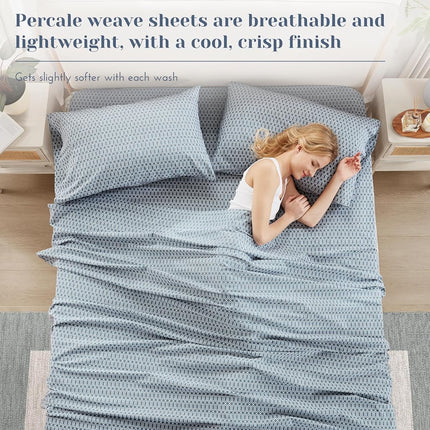 Comfort Spaces 100% Cotton Sheets Queen, Breathable, Naturally Cool Cotton Sheets, Soft Cotton Bed Sheets with 14" Elastic Pocket Fits up to 16" Mattress, All Seasons Sheet Set, Diamond Blue 4 Piece