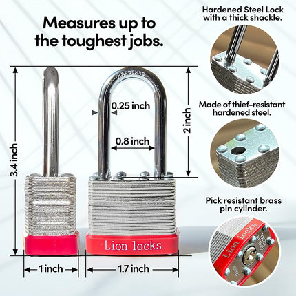 Candados Lion Locks de 5 cm con grillete largo de 12 llaves iguales, 24 llaves – Candados para uso en exteriores, cerraduras con llaves, caja de acero endurecido, cilindro de pasador de latón resistente a manipulaciones para cerrojos, casilleros, puertas