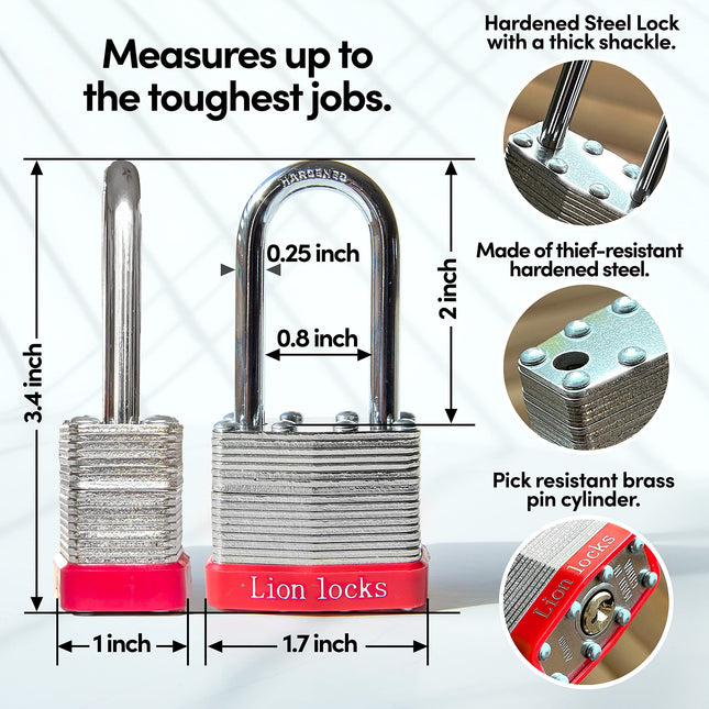 Candados Lion Locks de 5 cm con grillete largo de 12 llaves iguales, 24 llaves – Candados para uso en exteriores, cerraduras con llaves, caja de acero endurecido, cilindro de pasador de latón resistente a manipulaciones para cerrojos, casilleros, puertas