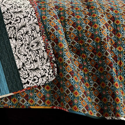Lush Decor Quilt Reversible 3 Piece Bohemian Design Bedding Set, Cotton, Turquoise & Tangerine, Full/Queen
