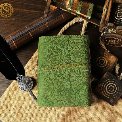 Leather Journal - Antique Handmade Deckle Edge Vintage Paper Leather Bound Journal - Book of Shadows Journal - Leather Sketchbook - Drawing Journal - Great Gift (Green)