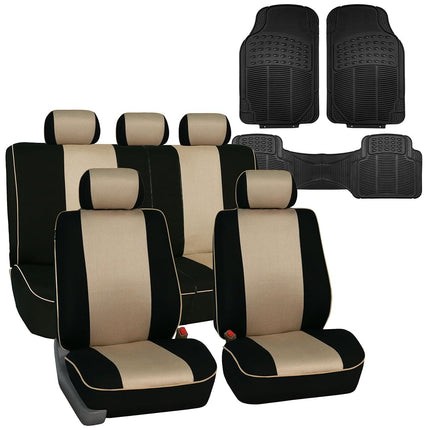 FH Group Automotive Seat Covers Edgy Piping Seat Covers FullBeige Set Interior Accessories ,Universal Fit Combo Vinyl Floor Mats Seat Covers Car for Cars and Vans Airbag and Split Rear Automotive