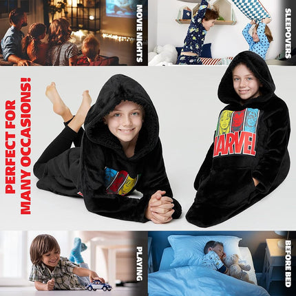 Get Trend Marvel Oversized Hoodies for Kids Teens, Avengers Fleece Hoodie Blanket with Sherpa Lined Hood, Warm Superhero Gifts for Boys (Black)